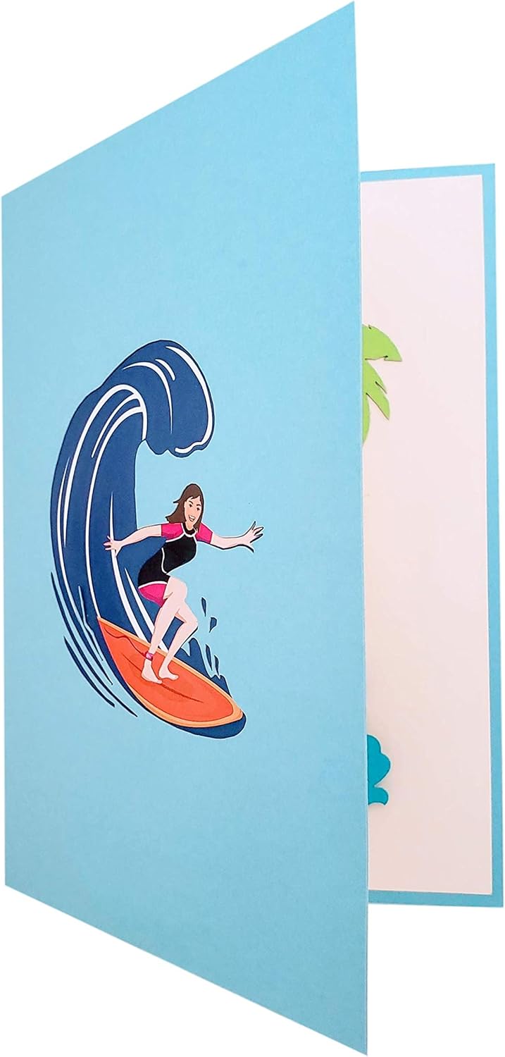 iGifts And Cards Wave Rider 3D Pop-Up Greeting Card, 5" X 7", Unique Girl Surfing Design for Beach Lovers, Birthday, Special Occasions, and Celebrations