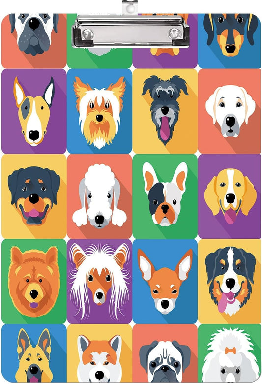 Cartoon Dogs Clipboard Standard A4 Letter Size 12.5 x 8.7 Plastic Clipboard Low Profile Clip Retractable Hanging Tab Decorative Clipboard