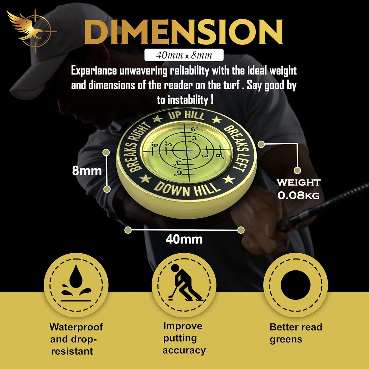 GOLD'N GOLF Pro Golf Green Reader, Level Golf Accessories for Men and Women, Golf Ball Marker, Putting Green Reading aid, Beautiful Gift for Golf Lovers