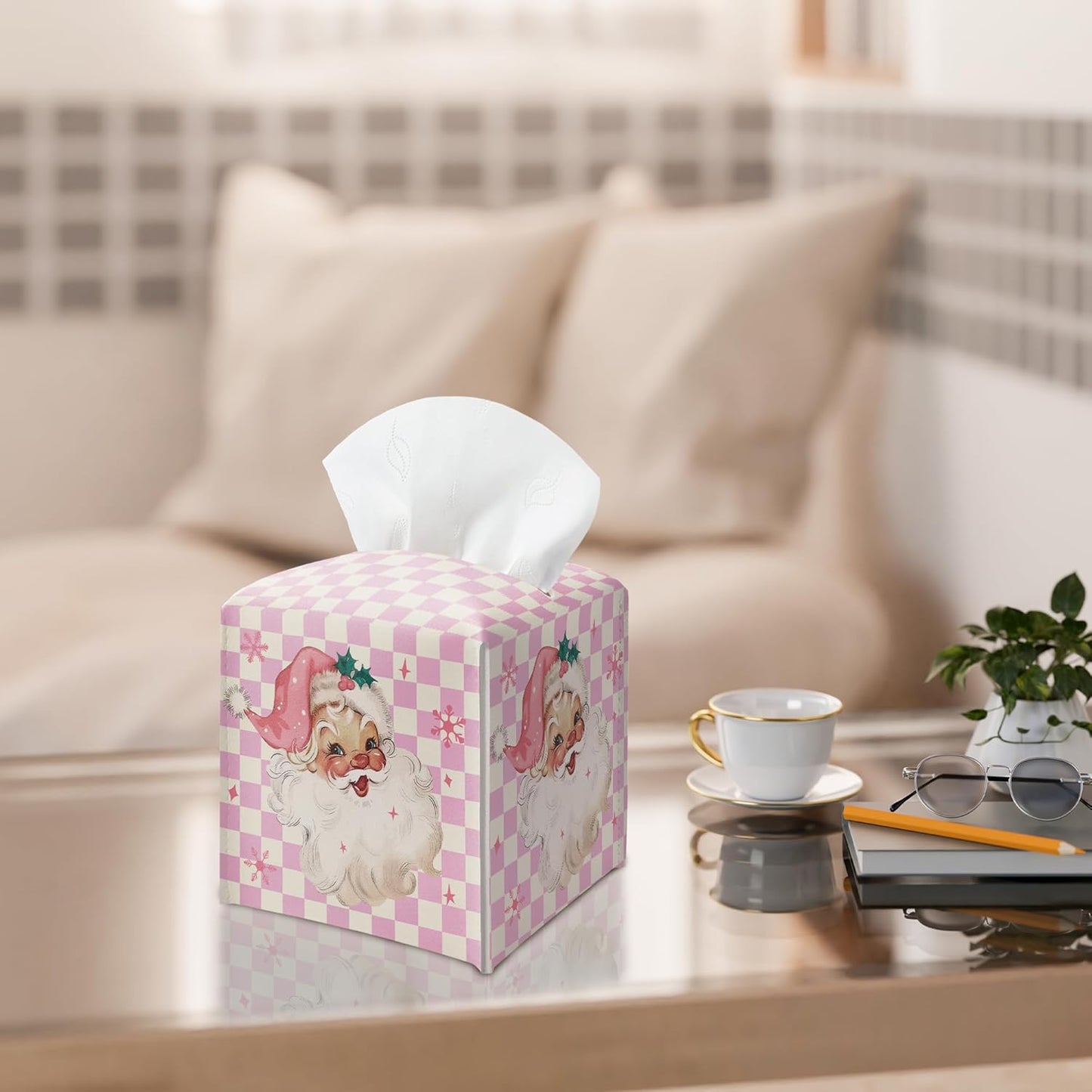 Merry Christmas Tissue Box Holder, Santa Claus Pink Checkered Leather Tissue Box Cover Square, Paper Facial Decorative Tissues Cover for Night Stands Bathroom Office Home Decor-B09
