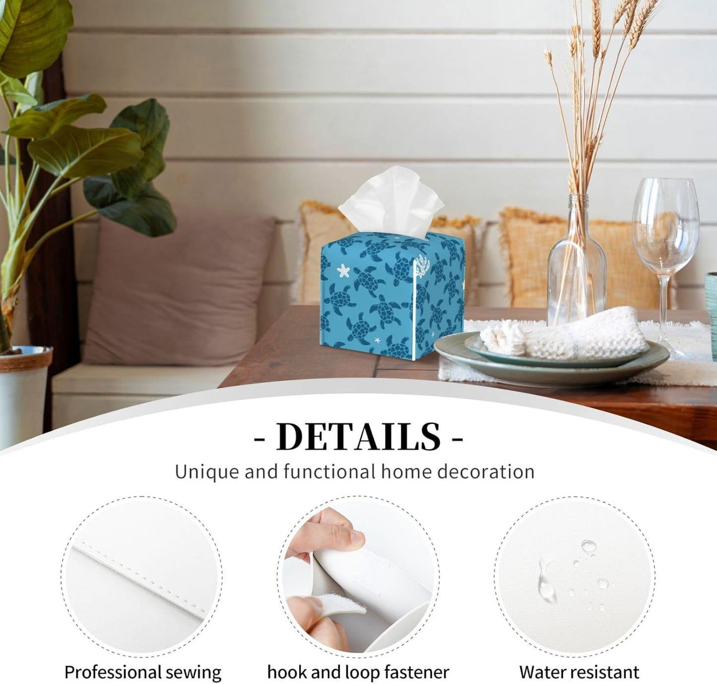 Sea Turtle Tissue Box Holder Paper Organizer, PU Leather Tissue Case Cover, Ocean Beach Decor for Bathroom, Kitchen, Car