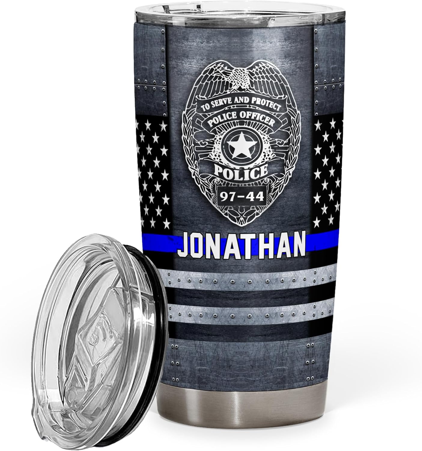 Police Officer Gifts - Custom Name Badge Number Thin Blue Line Lives Matter Flag Tumbler - Police Academy Graduation Retirement Birthday Gifts - 20oz Tumbler With Lid