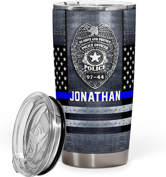 Police Officer Gifts - Custom Name Badge Number Thin Blue Line Lives Matter Flag Tumbler - Police Academy Graduation Retirement Birthday Gifts - 20oz Tumbler With Lid