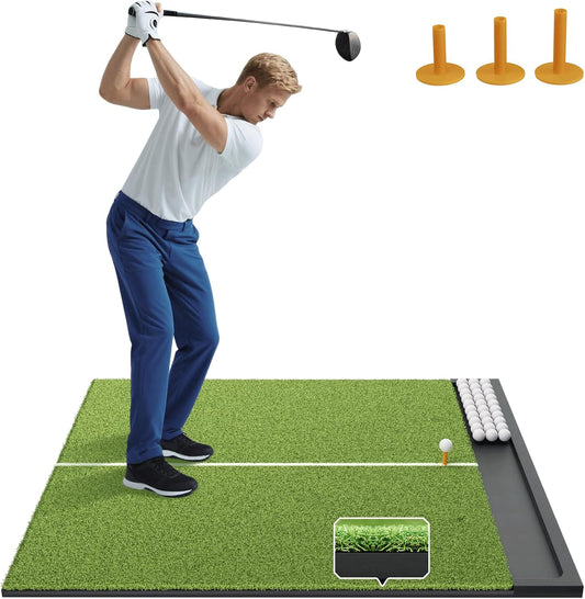 Golf Hitting Mat with Ball Tray, 5x4 & 6x4 ft, 26mm/31mm Thick, Standard & Alignment Line Options, Premium Golf Practice Mat for Indoor Outdoor Swing & Chipping