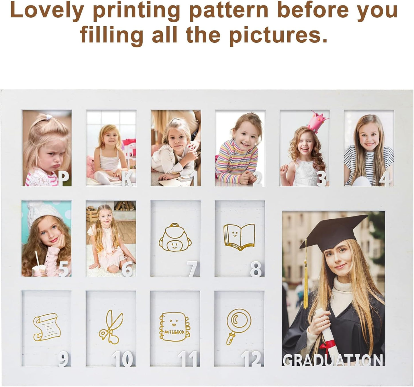 School Years Picture Frame Pre K to 12 White Graduation Gift Collage Frame with Stand Easel, Displays One 4x6 and Twelve 2x3 Wallet Photos