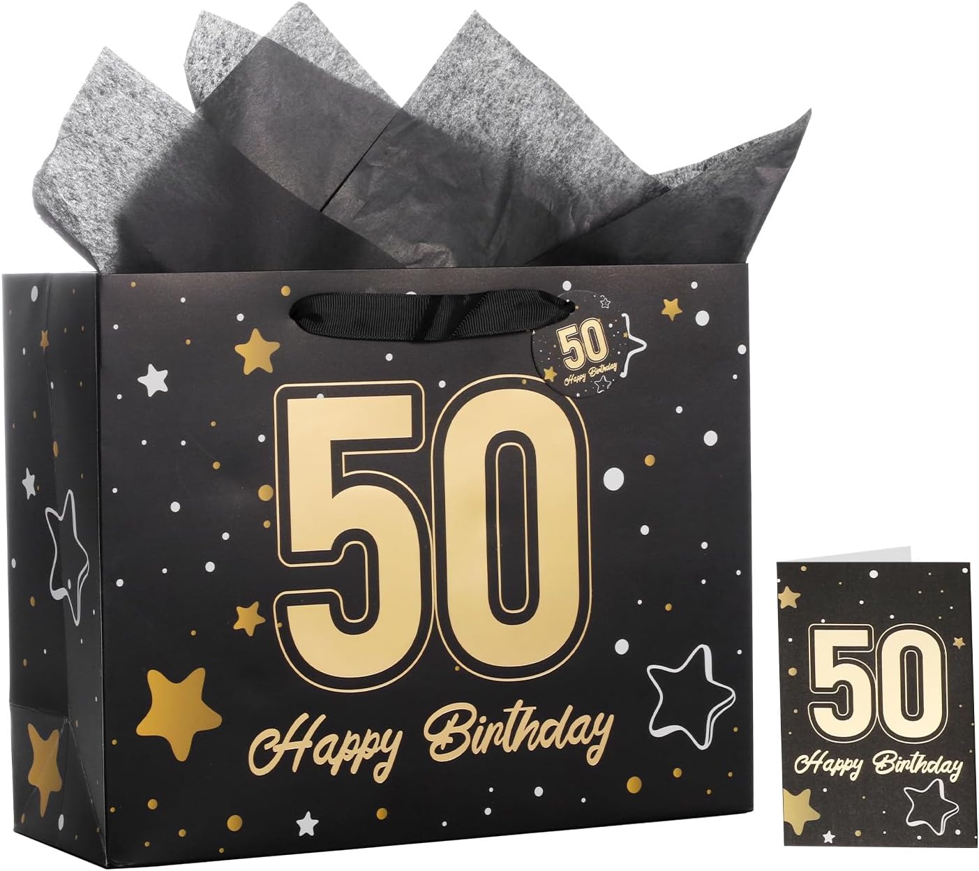 Powbrace 13" Black Happy Birthday Gift Bag with Tissue Paper and Greeting Card for Party,Happy Birthday Gift Bag for Men Women,Gift Bags Medium size(1 Black 50th)