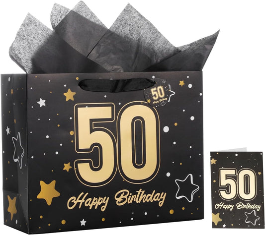 Powbrace 13" Black Happy Birthday Gift Bag with Tissue Paper and Greeting Card for Party,Happy Birthday Gift Bag for Men Women,Gift Bags Medium size(1 Black 50th)