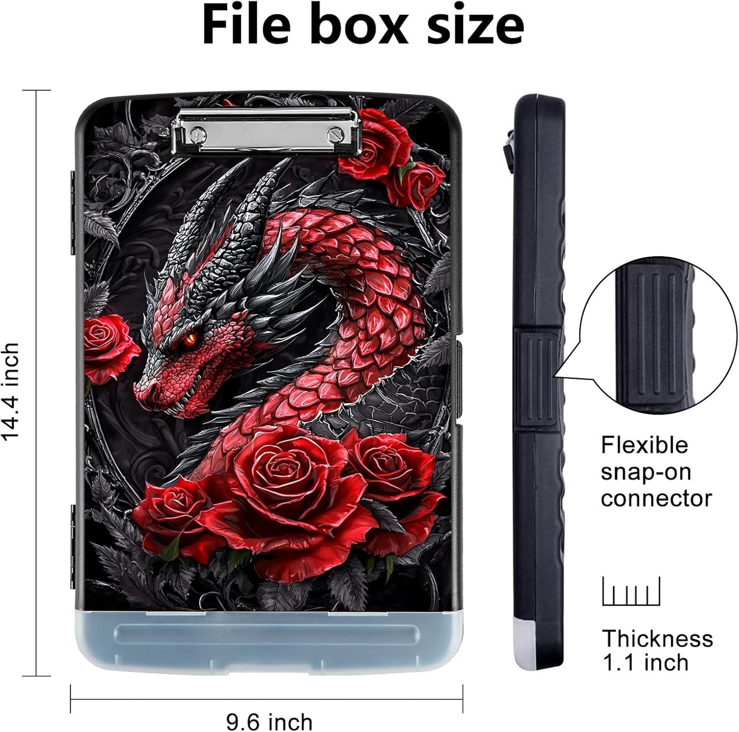 Clipboard with Storage - Large Capacity,Nursing Clipboard with Pen Holder,Heavy Duty,Plastic Side-Opening Folder for Teacher,Nurse - Dragon with Red Roses