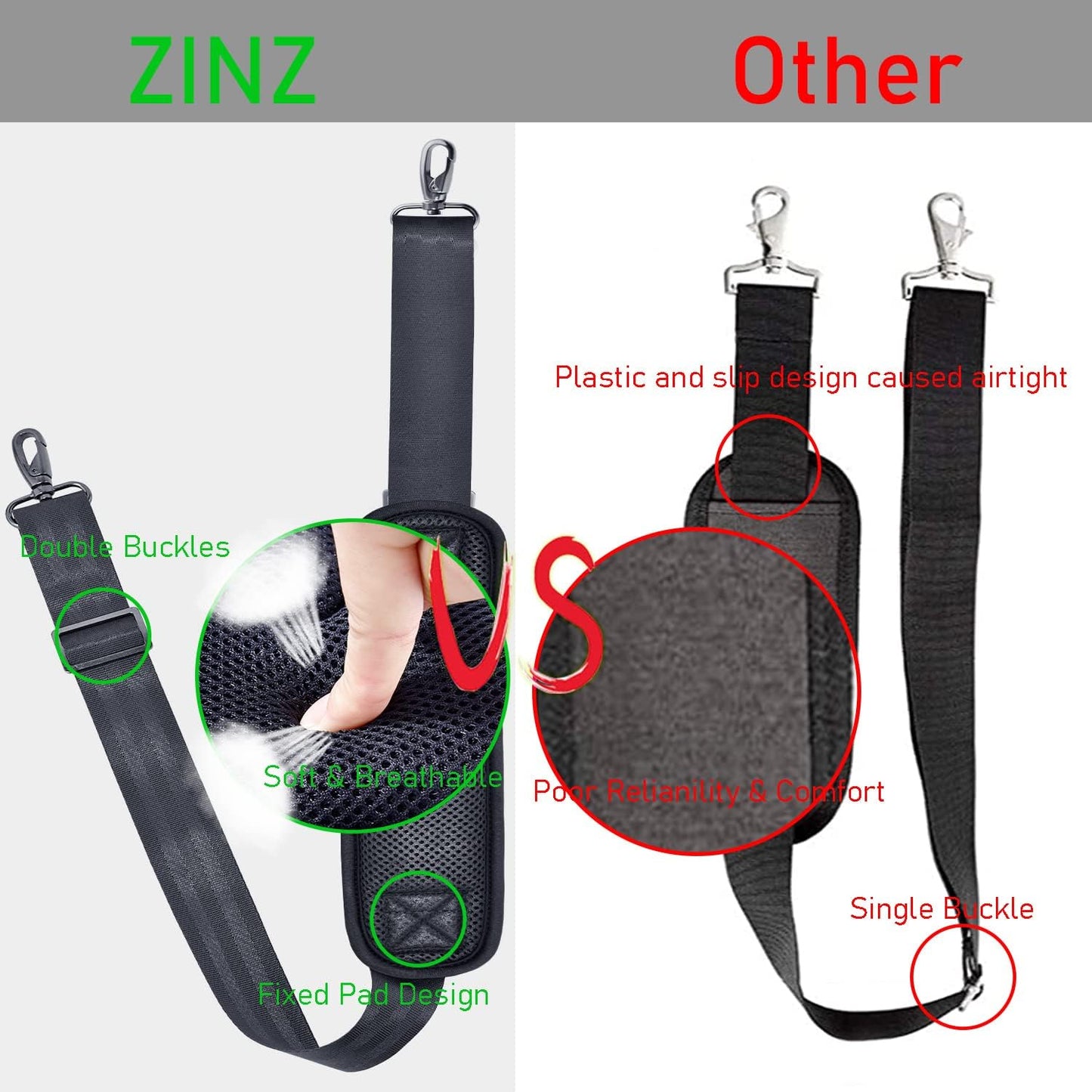 ZINZ 77 Inch Shoulder Strap Univesal Bag Strap with Fixed Pad Ultra Thick Plus Long & Breathable Cushion, Replacement Strap for Bags,Dark Gray