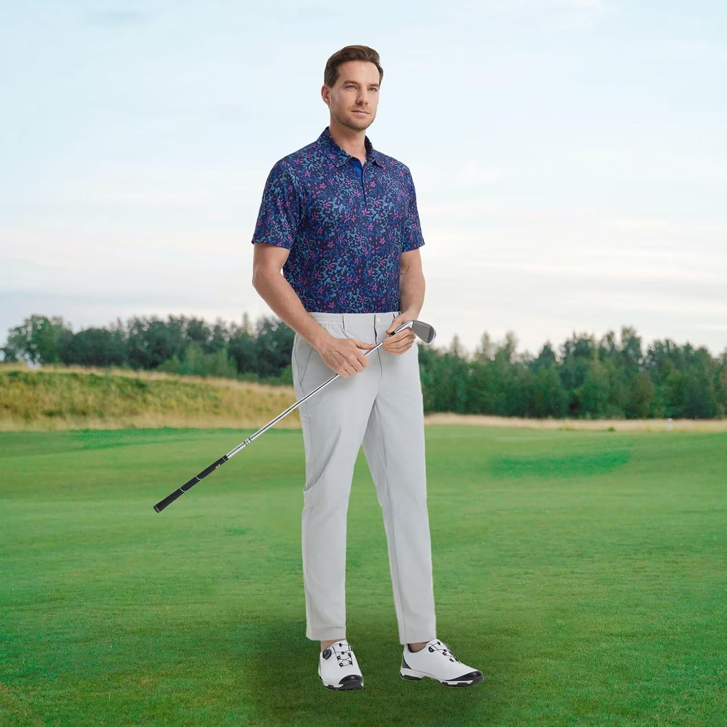 M MAELREG Mens Golf Shirt Short Sleeve Dry Fit Print Moisture Wicking Performance Patterns Collared Polo Shirt