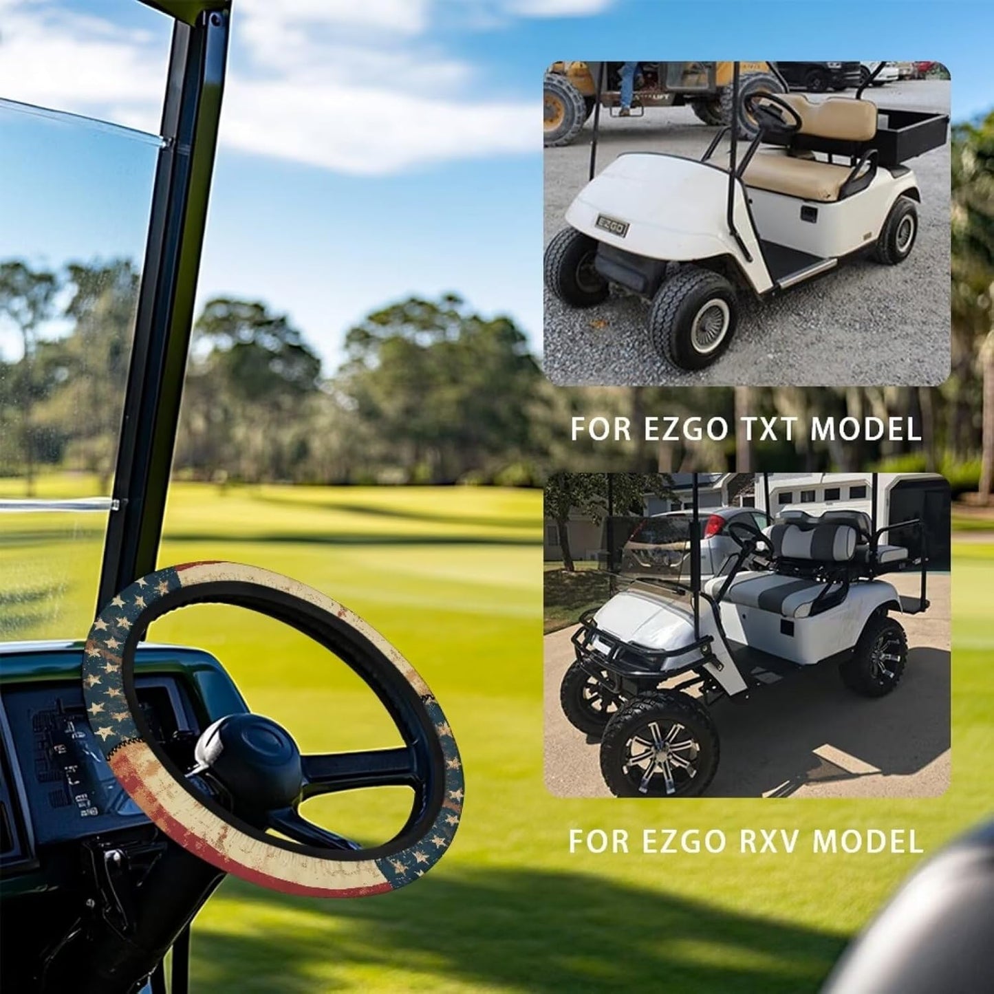 Retro Golf Cart Steering Wheel Cover American Flag Stretch Elastic Golf Cart Steering Wheel Covers, Anti-Slip Universal Fit Club Car Accessories 13-14 Inch Interior Decor