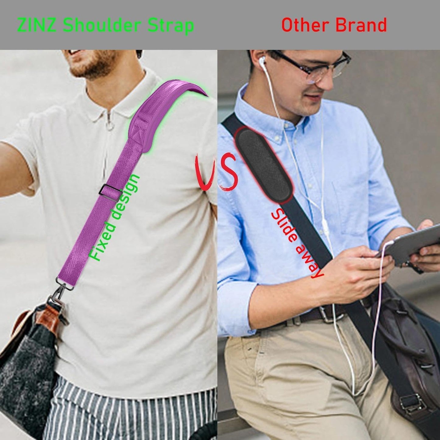 ZINZ 77 Inch Shoulder Strap Univesal Bag Strap with Fixed Pad Ultra Thick Plus Long & Breathable Cushion, Replacement Strap for Bags,Purple