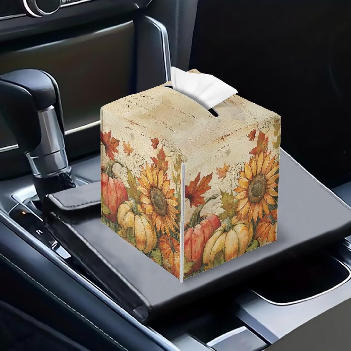 Thanksgiving Tissue Box Cover Cube Leather Tissue Box Holder Sunflower & Pumpkin Facial Paper Organizer 5x5x5 inch Mordern Home Decor for Bedroom Living Room