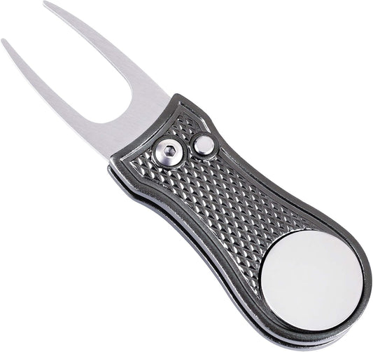 Mile High Life Golf Divot Repair Tool, All Metal Foldable Divot Tool with Pop-up Button & Magnetic Ball Marker