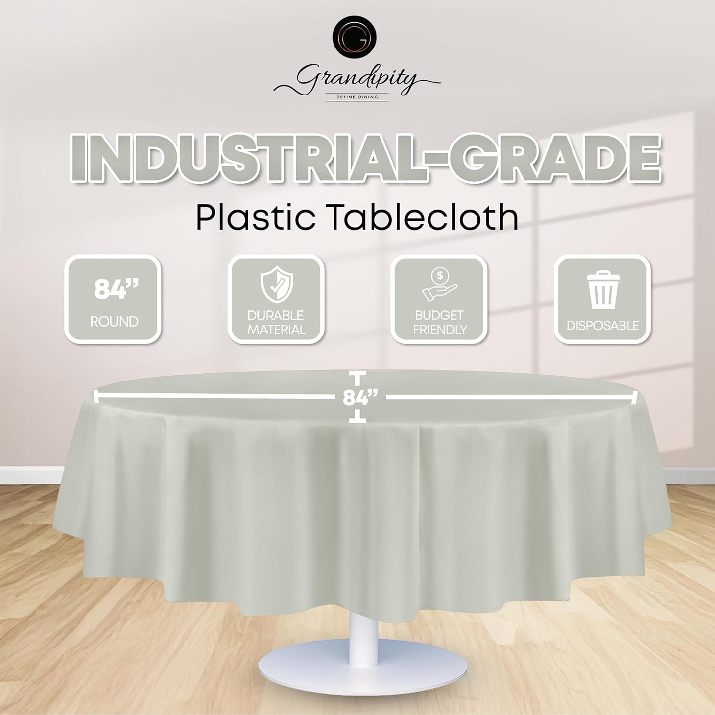 Grandipity 12 Pack Premium Disposable Plastic Tablecloth 84" Inch Decorative Round Table Cover - Light Grey