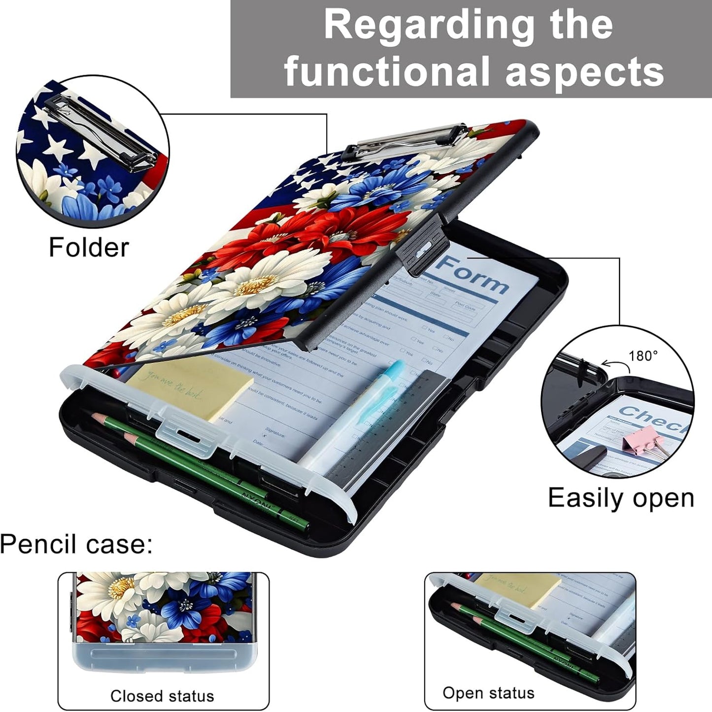 Clipboard with Storage - Large Capacity,Nursing Clipboard with Pen Holder,Heavy Duty,Plastic Side-Opening Folder for Teacher,Nurse - American Flag Flowers Bouquet