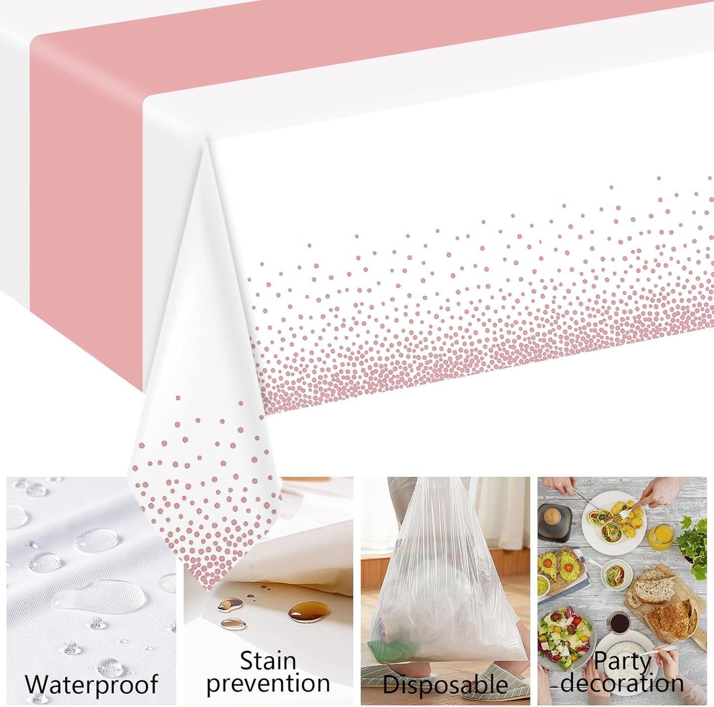 6 Pack Rectangle Plastic Dot Tablecloth Set, 54 X 108 Inch Plastic Table Cover, 12 x 108 Inch Satin Table Runners for Wedding Graduation Birthday New Year Party Decorations (White, Rose Gold)