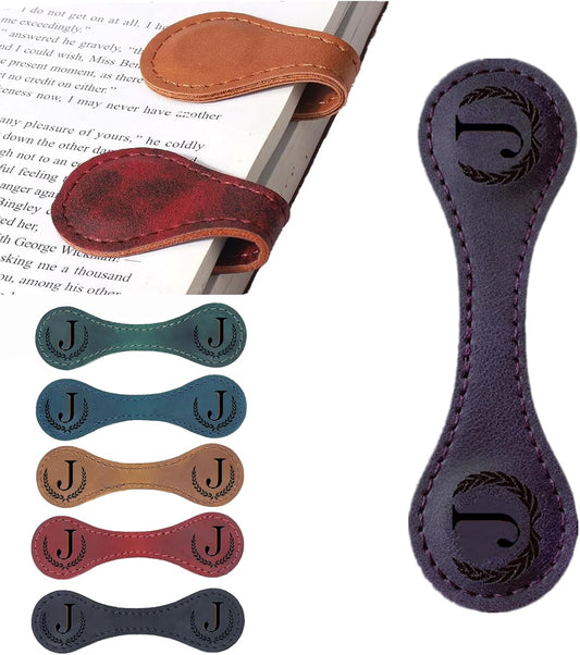 Personalized Magnetic Leather Bookmark, 26 Letters Custom Leather Bookmarks, Handmade, Leather Magnetic Bookmark for Book Lovers Readers Women Kid(Purple，J）