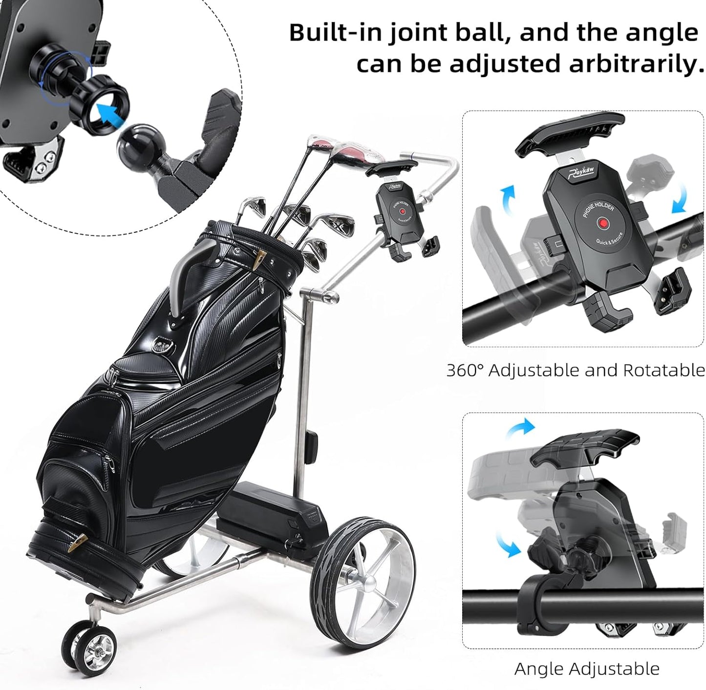Roykaw Golf Push Cart Phone Holder Mount Compatible with Caddytek,Clicgear,Sun Mountain,Rovic, Caddy, Bag Boy,Golf Push Cart Accessories for Cell Phones,Full Silicone Protection/ 360°Rotatable