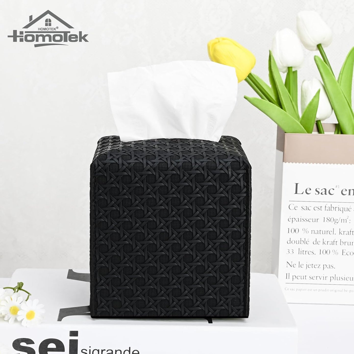 HOMOTEK 2 Pack Tissue Box Cover, Square PU Leather Tissue Holder, Decorative Facial Tissue Cube Paper Organizer Dispenser for Bathroom, Night Stands, Desk, Car 5X5X5'' - Rattan Weave,Dark Black
