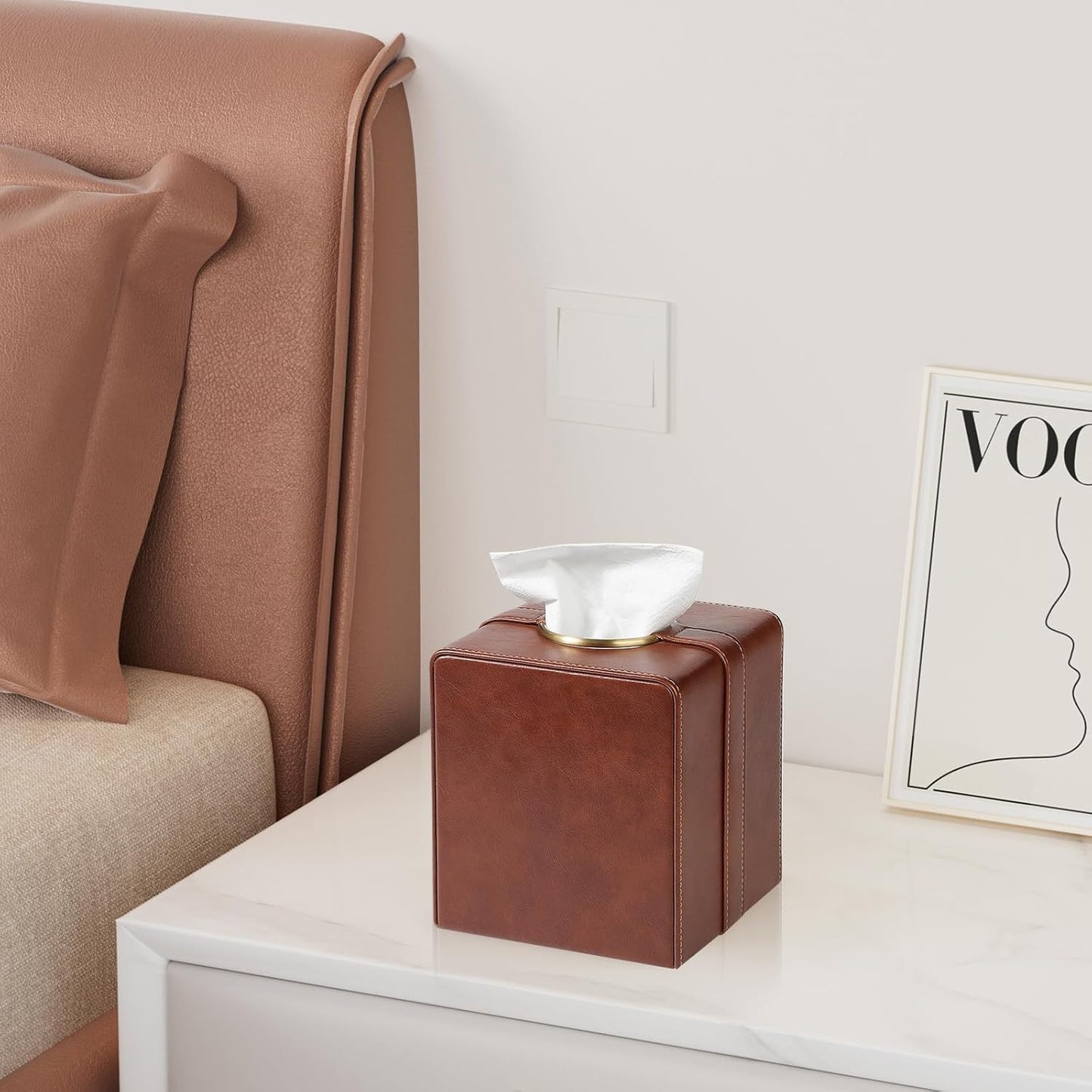 Luxury Square Tissue Box Cover, PU Leather Tissue Box Holder with Magnetic Closure and Gold Decorative Grommets for Bathroom Bedroom, Decorative Elegant Cube Tissue Holder (Brown)