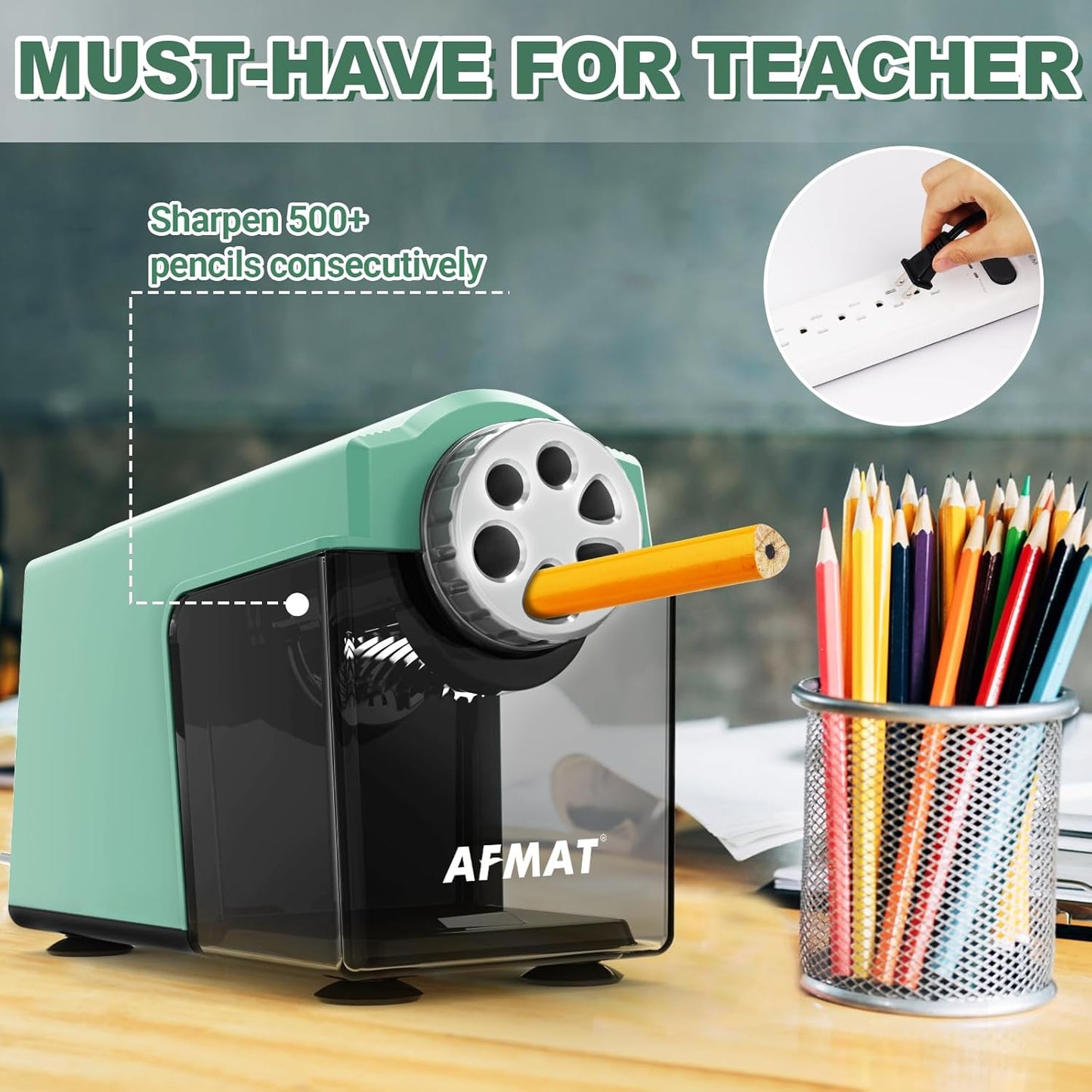 AFMAT PSX4 Electric Pencil Sharpener for 6-11mm Pencils, 6 Holes, Heavy Duty Pencil Sharpener for Classroom, Auto Stop Pencil Sharpeners Plug in, 10,000+ Sharpenings, Save Colored Pencils, Green