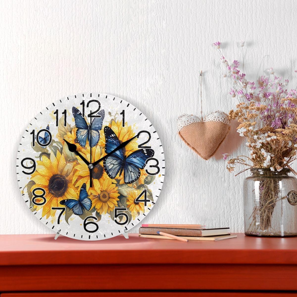 Blue Butterflies Yellow Sunflowers Wall Clock Battery Operated Non Ticking Silent Quartz Analog Rustic Farmhouse Round Clock Retro Decor for Home Kitchen Living Room Bathroom