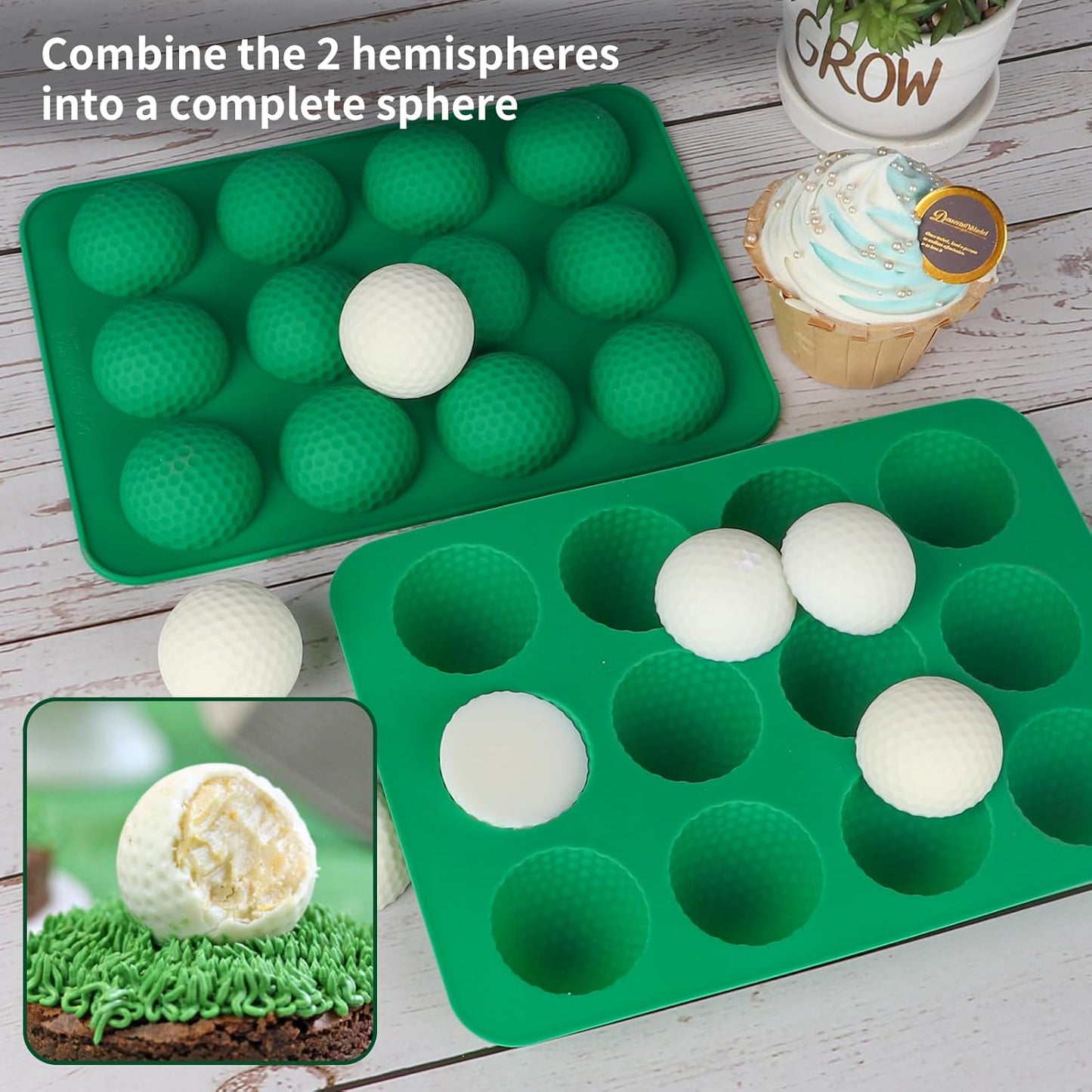 Golf Ball Cake Pop Mold, 2 Pack Golf Ball Chocolate Molds, 12-Cavity 3D Golf Ball Silicone Mold for Cupcake Decorations, Hot Chocolate Bomb, Candy (Green)