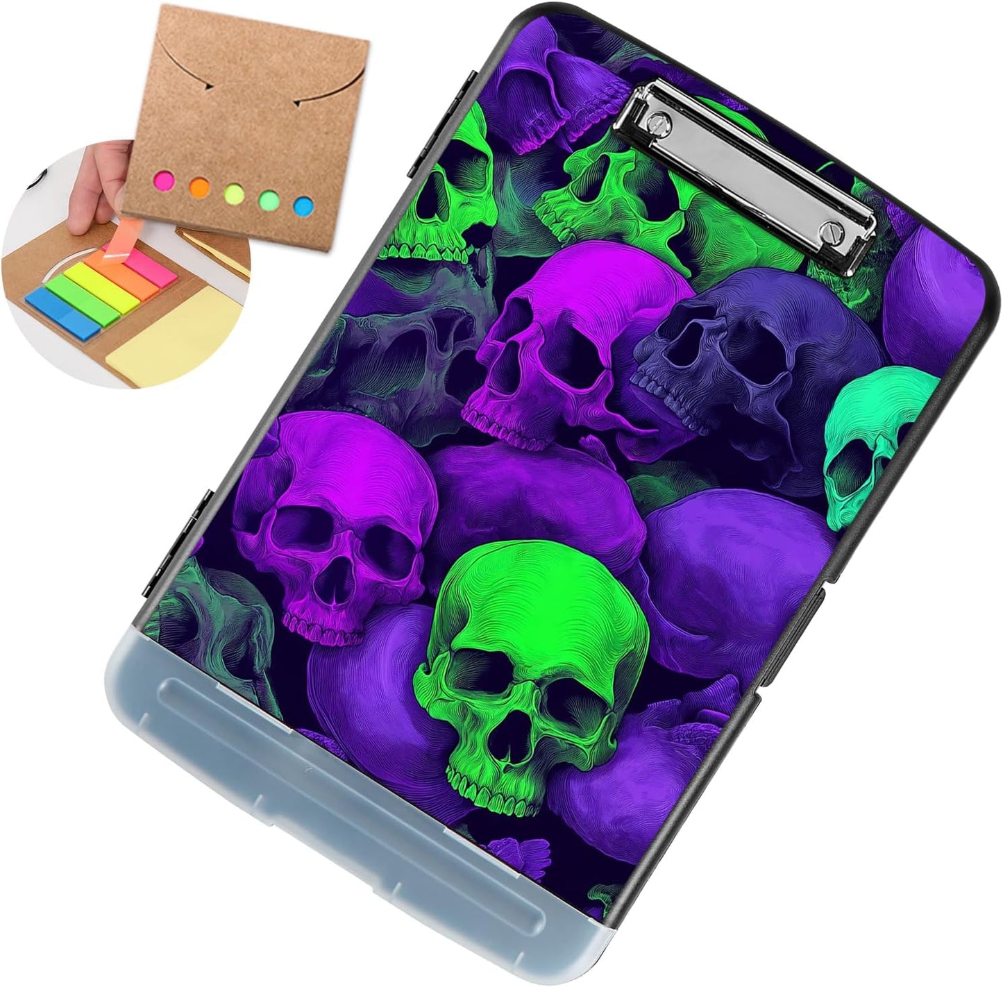 Clipboard with Storage - Large Capacity,Nursing Clipboard with Pen Holder,Heavy Duty,Plastic Side-Opening Folder for Teacher,Nurse - Green Purple Skull