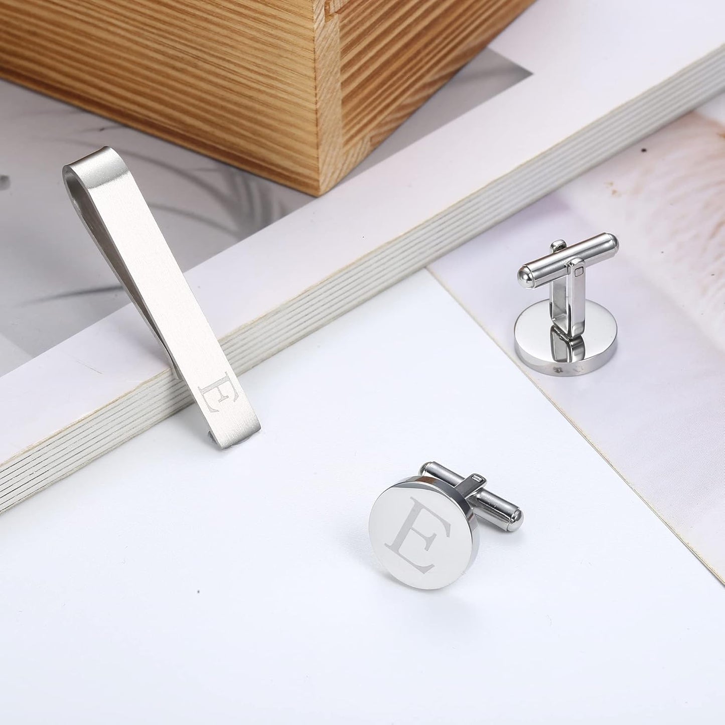 LOYALLOOK Stainless Steel Engraved Initial Cufflinks and Tie Clip Bar Set Alphabet Letter With Gift Box A-Z