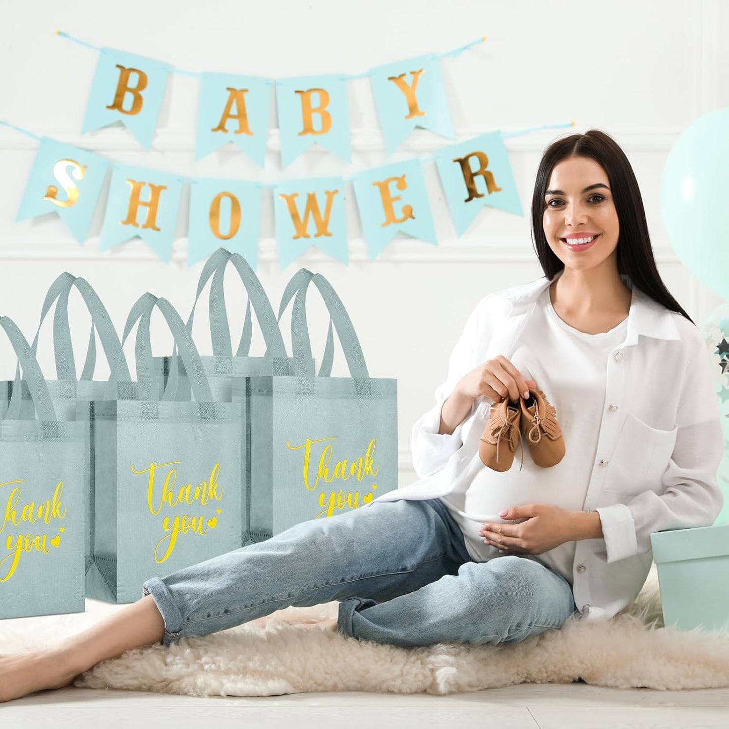 Sweetude 30 Pcs Thank You Gift Bags with Handles Bulk Reusable Goodie Bag Non Woven Foldable Handbag for Graduation Wedding Bridesmaid Gifts(10 x 8 x 4 Inch,Sage Green)