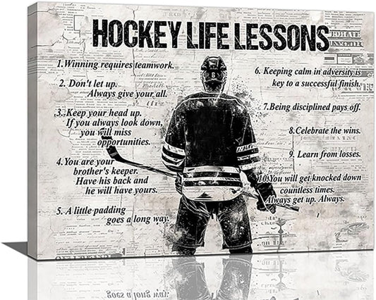 Vintage Hockey Sports Wall Art Hockey Life Lessons Wall Decor Hockey Sign Retro Poster Boy Men Room Motivational Decorations Canvas Print Painting Artwork for Bedroom Bathroom Living Room 24"x20"