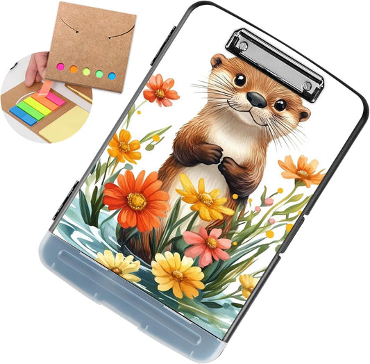 Clipboard with Storage - Large Capacity,Nursing Clipboard with Pen Holder,Heavy Duty,Plastic Side-Opening Folder for Teacher,Nurse - Sea Otter Flowers