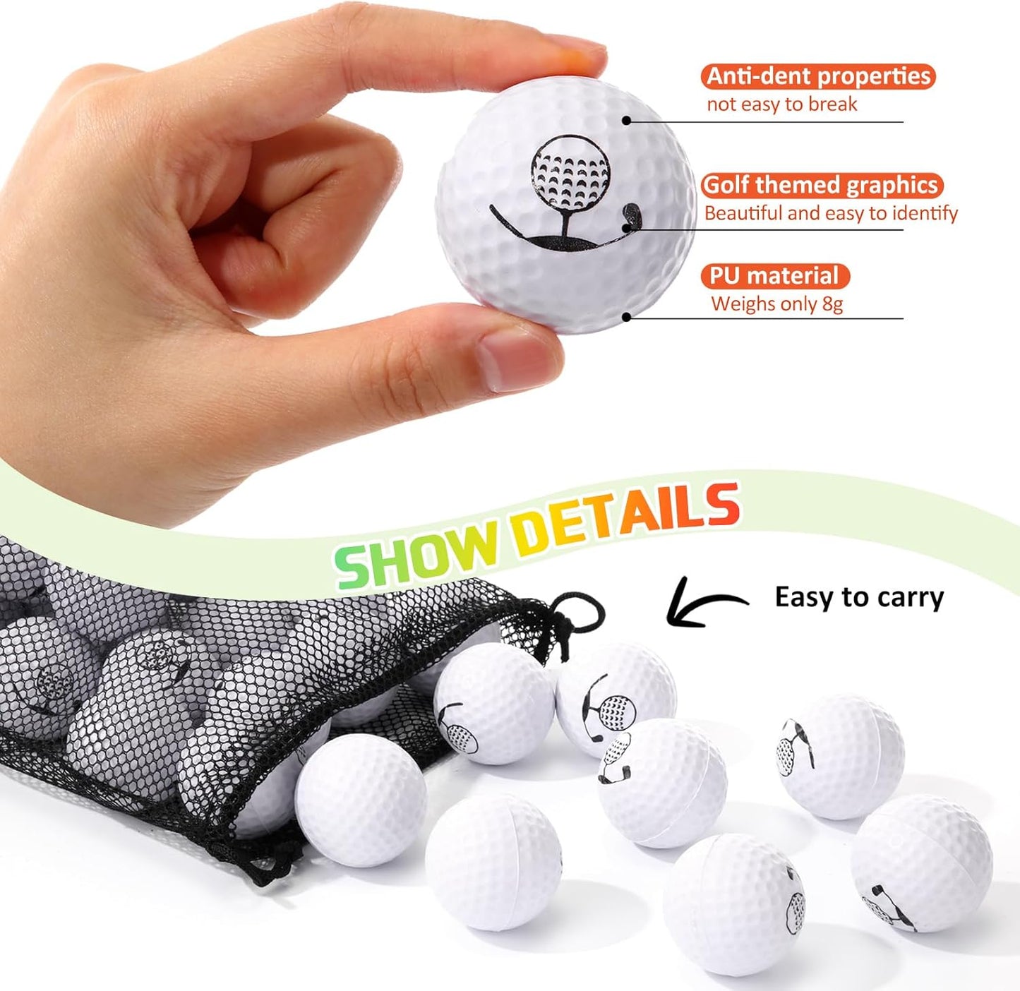 Mudder 200 Pcs Foam Golf Practice Balls Bulk, Soft Foam Ball, Realistic Feel Elastic, Limited Fly Practice for Golf Indoor or Outdoor Training, with 2 Nylon Drawstring Bag