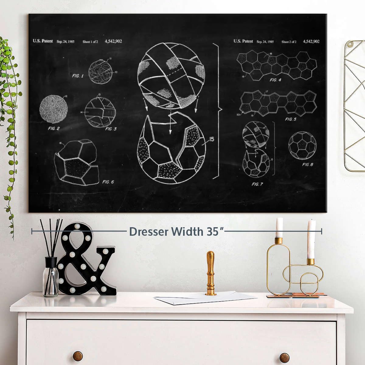 ElephantStock Soccer Ball BW Patent Canvas - 1 Panel Sports Patent Wall Art Decor - Sports Decorations for Boys Room - Wall Art and Office Decor - 36" X 24"