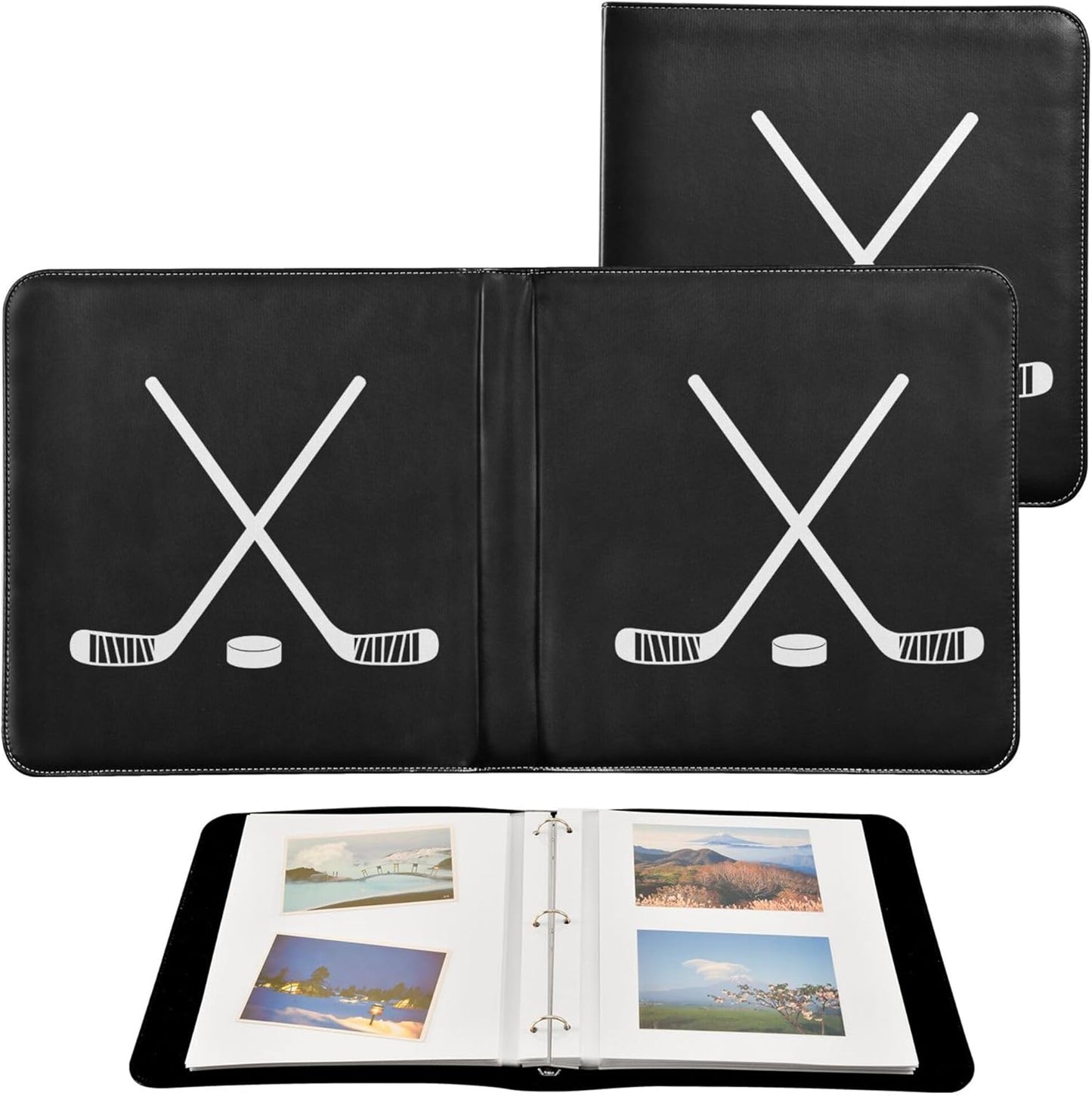 Fisyme Hockey Stick Puck Black Photo Album Self Adhesive DIY Scrapbook Album for 2x3 4x6 5x7 6x8 Pictures 20 Pages Memory Book for Family Wedding