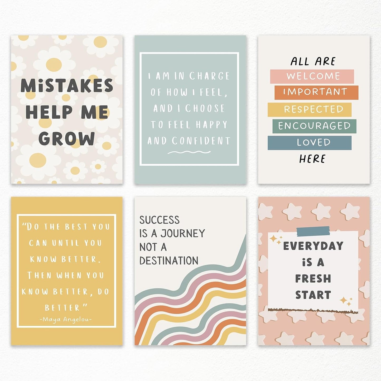 Set of 6 Boho Inspirational Classroom Posters, Positive Affirmations Growth Mindset Canvas Wall Art, Modern Classroom School Posters Wall Decor, Bulletin Board Educational Decor 12x16in Unframed