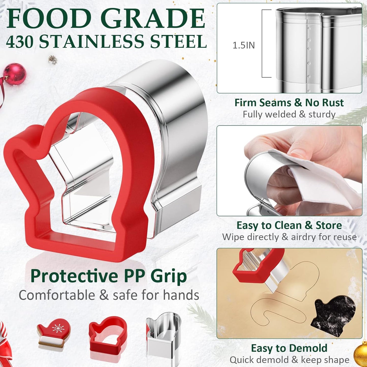 Christmas Cookie cutters Set 16 Pieces, Holiday Cookie Cutters with Comfort Grip, Stainless Steel Baking Cutters Christmas Shapes for Xmas, Gingerbread Man, Snowflakes, Christmas Tree, Santa, etc