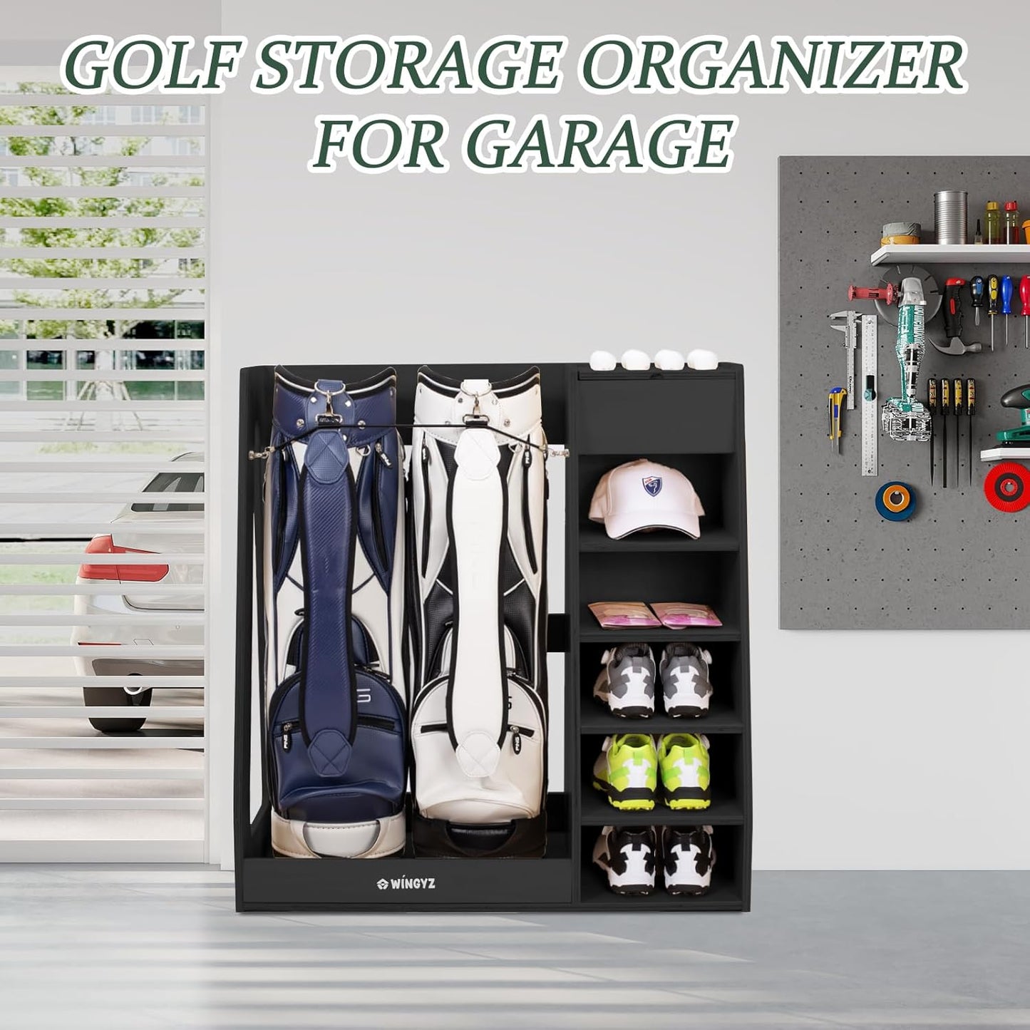 wingyz Wooden Golf Storage Organizer for Garage Fits 2 Bags for Any Level Golfer Great Gift, Golf Bag Rack Club Holder with 12-Ball Display Rack and 5 Shelves for Equipment Accessories