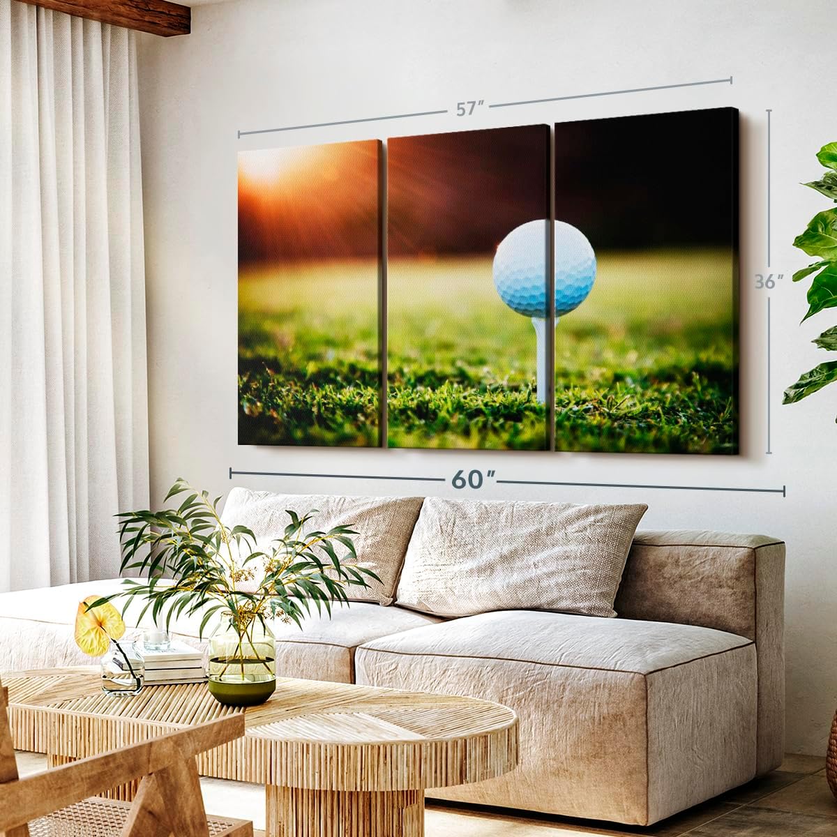 ElephantStock Golf Ball Tee Wall Art - Horizontal Canvas - 3-Piece Living Room Wall Decor - Photography Photographic Canvas Print - Black and White Decor for Wall - 57" X 36"