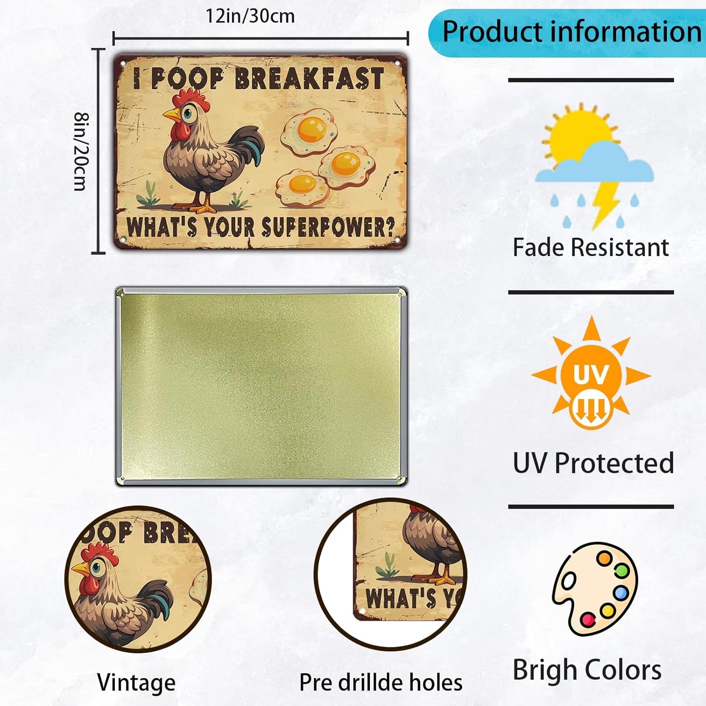 Farm Sign Chickens Pooping Breakfast Tin Sign Plaque Metal Poster 12x8 Inch Wall Decor