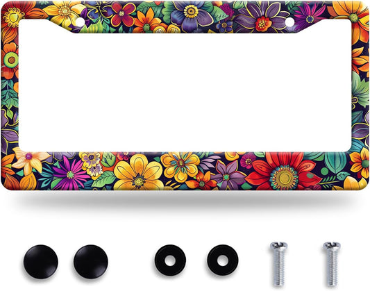 Bright Flowers Colorful Floral License Plate Frame Flower License Plate Stainless Steel Funny License Plate Holder for Women Cute Car Accessory Decoration 12.3" x 6.3"