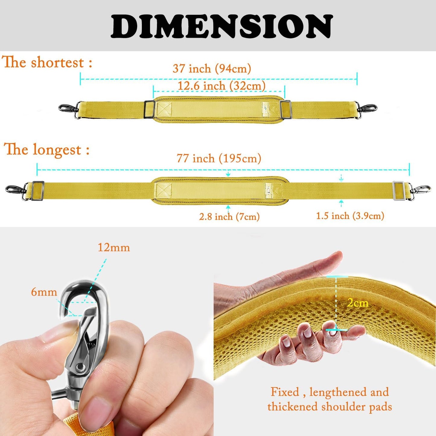 ZINZ 77 Inch Shoulder Strap Univesal Bag Strap with Fixed Pad Ultra Thick Plus Long & Breathable Cushion, Replacement Strap for Bags,Yellow