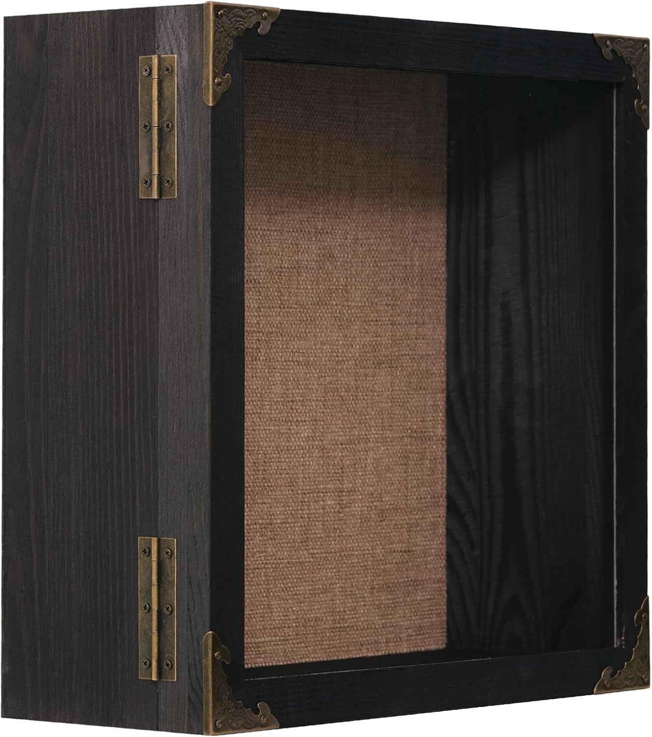 11x11 Inch Deep Shadow Box Frame 4.5" Depth, Black Solid Wood Display Case with Acrylic Door, Vintage Metal Corners, Memory Box for Medals Photos Coins Awards Wedding Keepsakes Military Memorial Gifts