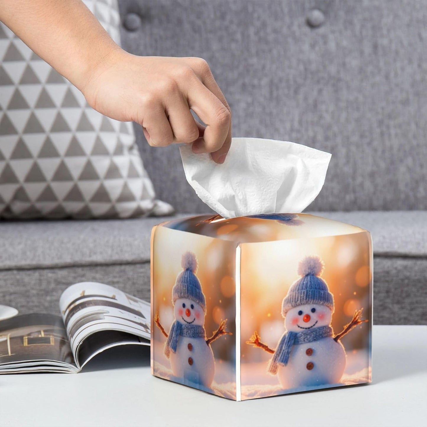 Cute Christmas Snowman Tissue Box Cover Square,Winter Christmas Snowman Tissue Box Holder Waterproof Leather Facial Paper Organizer Dispenser for Bathroom Home Car Nightstand Vanity Desk