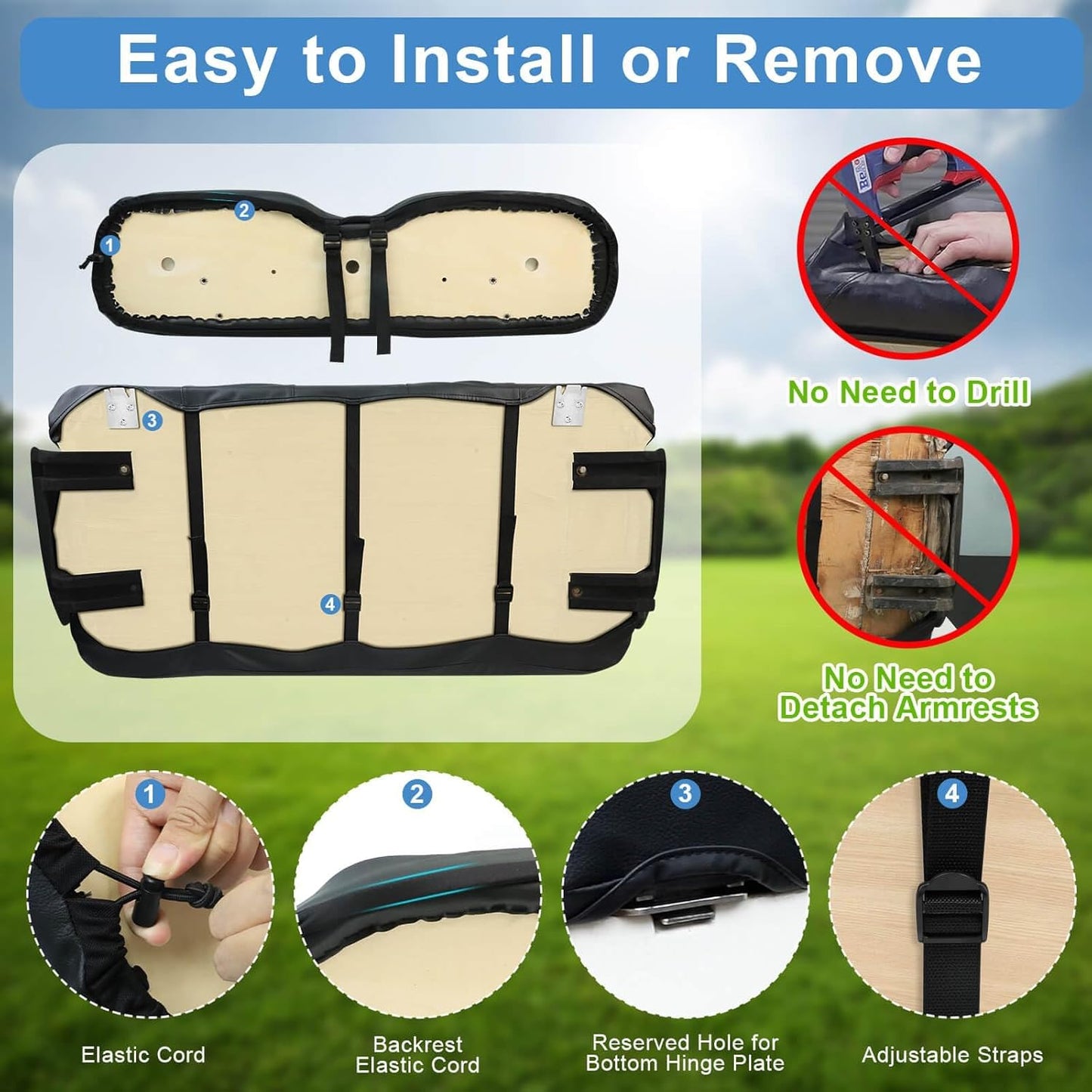 MOSNAI EZGO RXV Seat Cover, Golf Cart Front Seat Cover Fit for EZGO RXV OEM Ordinary Seat Cushion, Breathable Polyester Mesh Cloth and Leather Combination Appearance, No Need Detaching Armrests