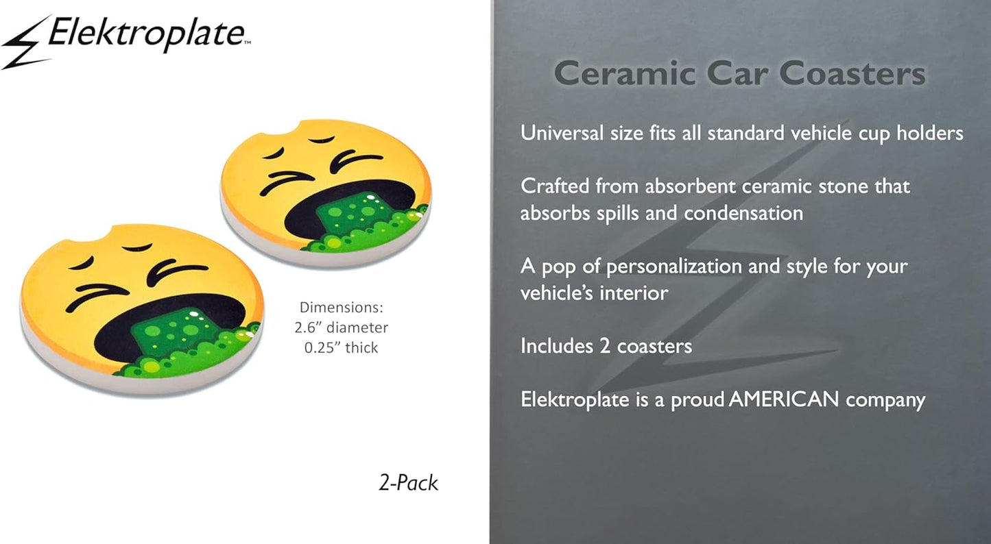 Elektroplate Funny Puke Face Automotive Ceramic Coasters (2.6" Diameter) | Universal Fit for All Cars, Trucks, SUVs, and More | Absorbent Non-Slip Durable | Set of 2
