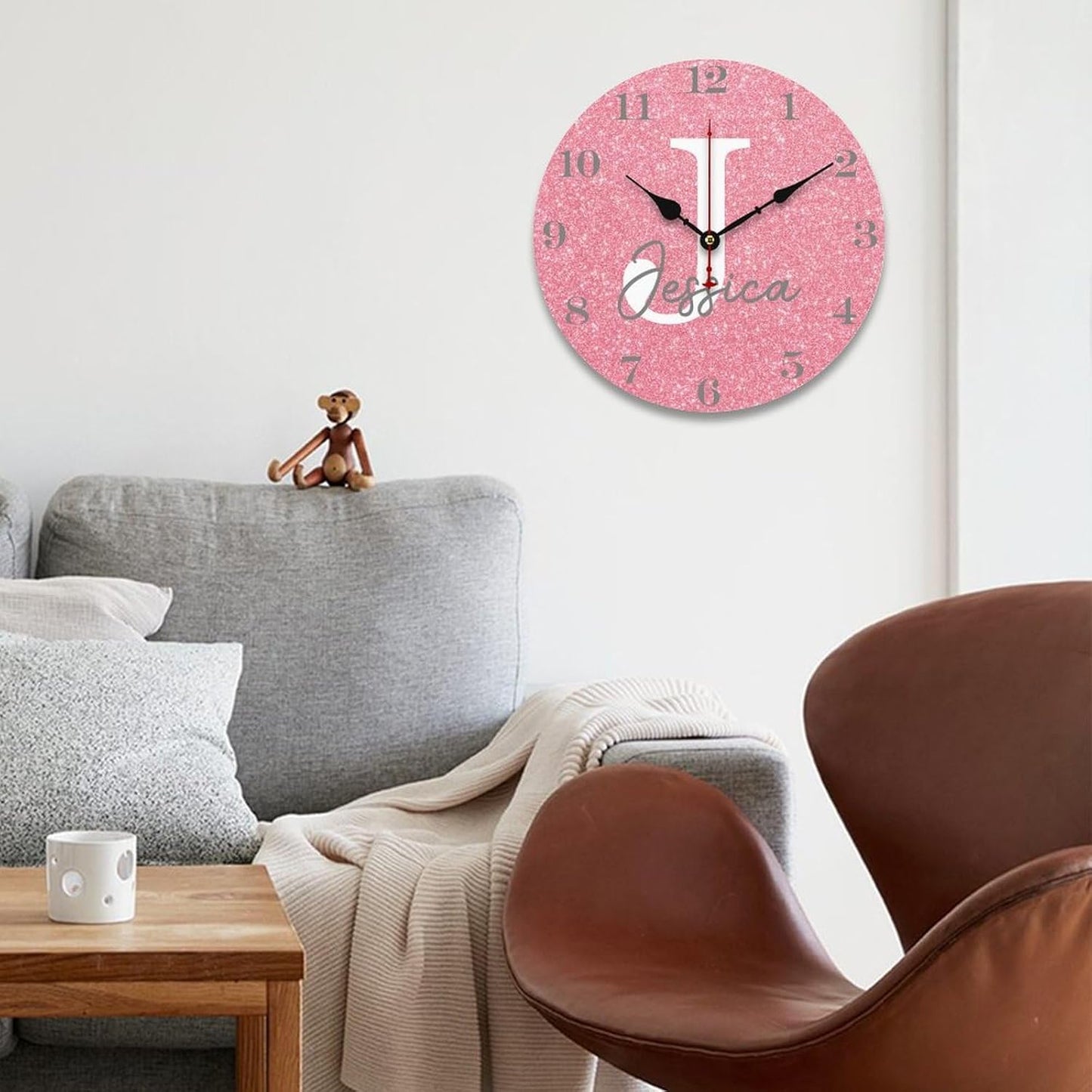 Rose Gold Glitter Name Wall Clocks for Walls,Decorative Kids Wall Clocks Battery Operated 12 inch,Monogram Wood Wall Clock for Nursery Kids Bedrooms Boys Girls Playroom Decor,Custom Kids Gifts, Style