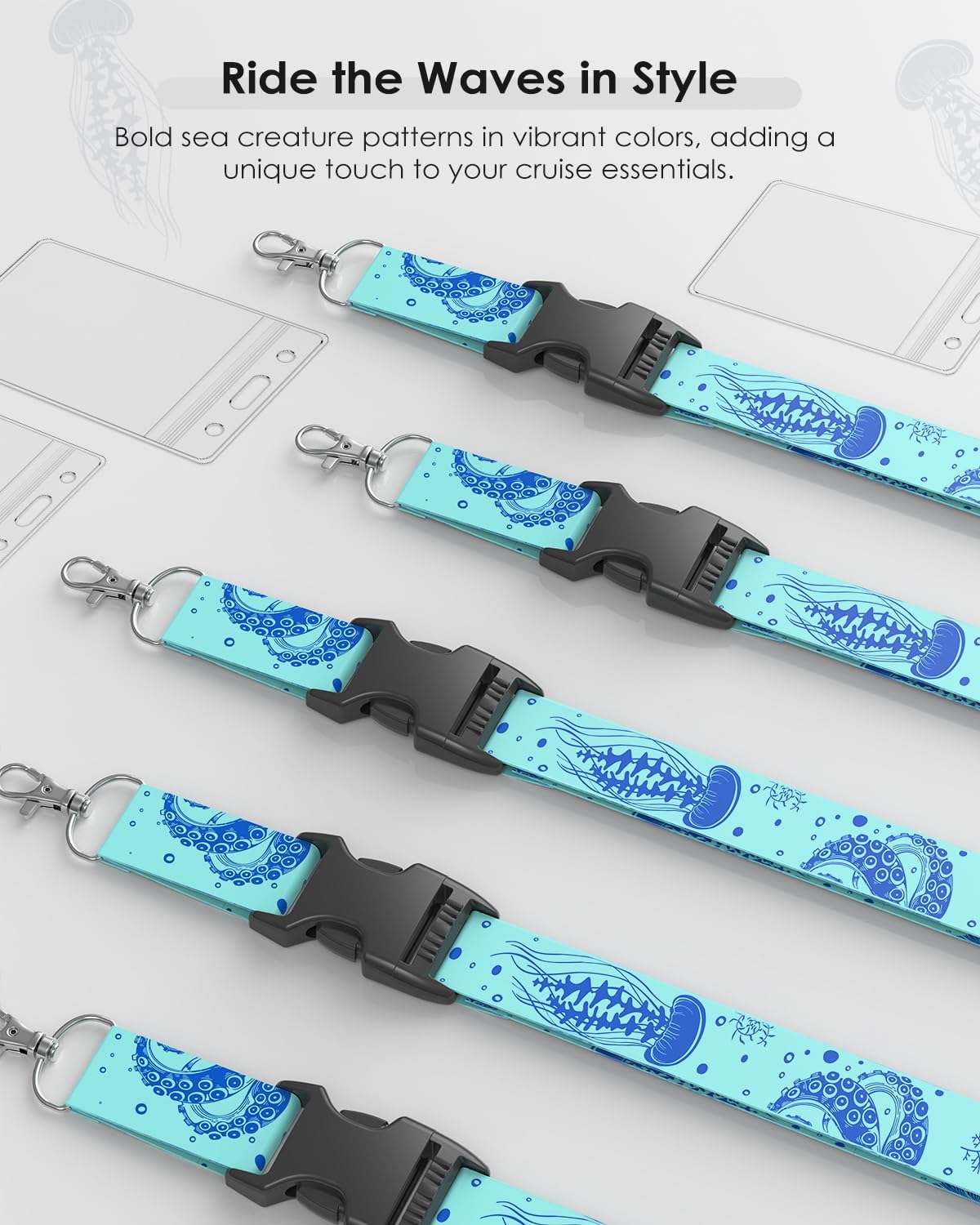 5 Pack Cruise Lanyards with Ocean Creature Design, Cruise Ship Lanyards with Waterproof ID Badge Holders for All Cruise Lines 2025, Green