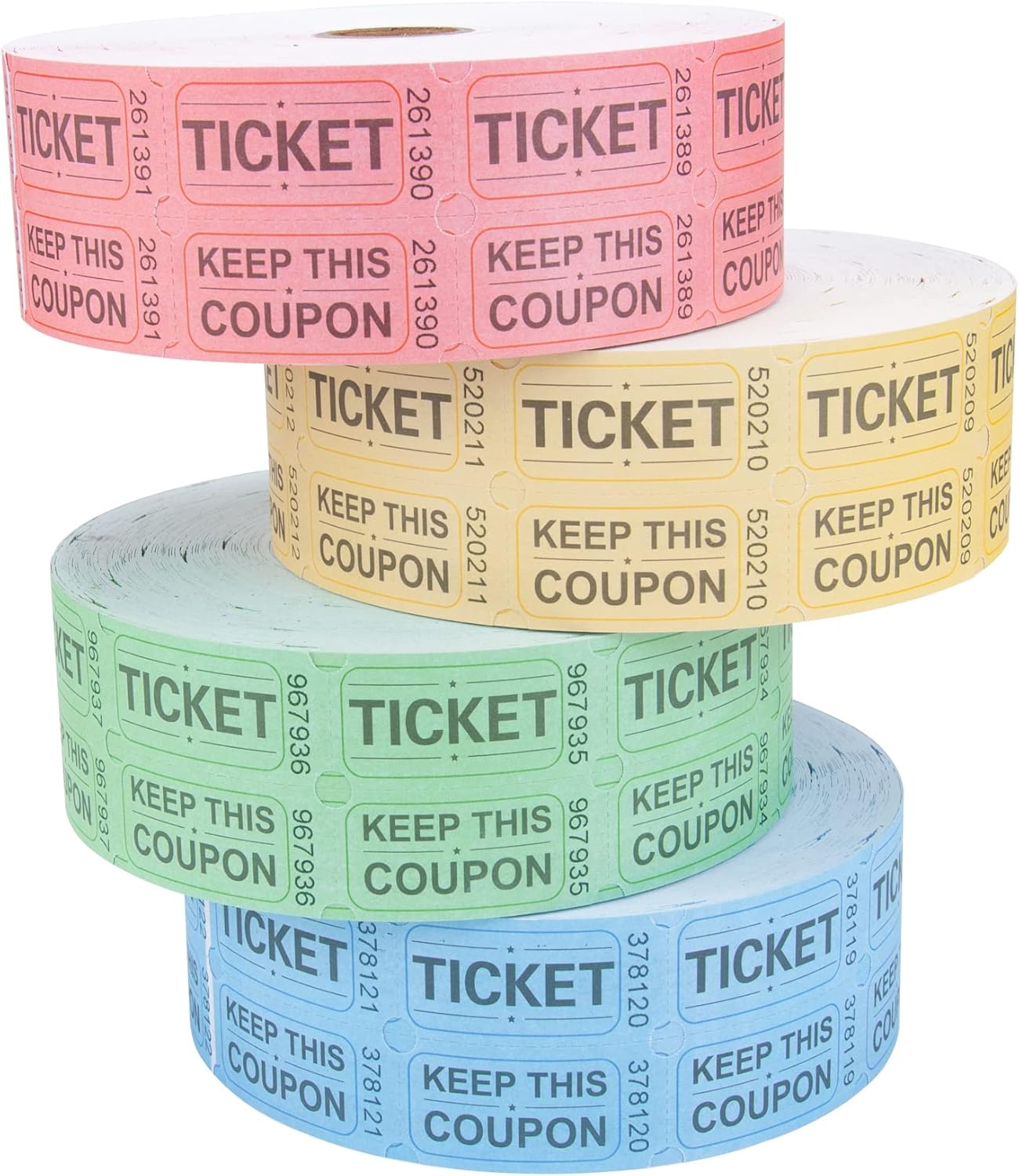 ESSENTIAL 8000 Assorted Double Raffle Tickets Rolls Set of 4 Assorted Colors Raffle Tickets Printable for Leisure, Movie Watching, Entertainment